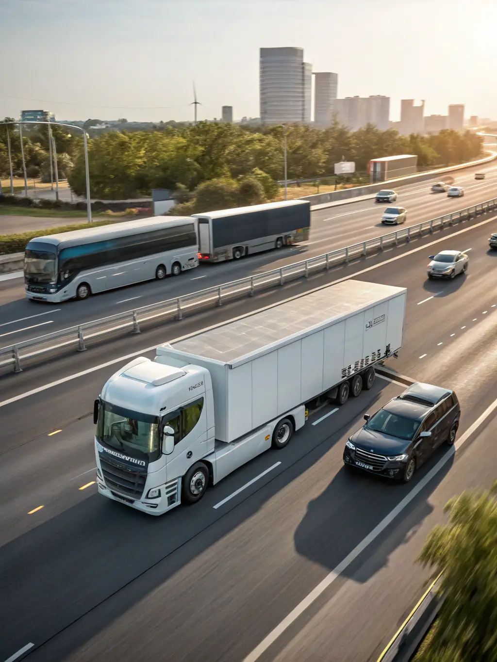 A high-tech illustration of Ze Charge's conductive charging technology integrated into a highway, powering electric trucks and buses in motion.