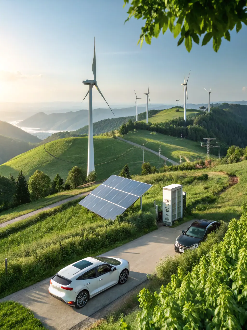 A visual representation of a sustainable ecosystem where Ze Charge's technology supports renewable energy sources and reduces carbon footprint.