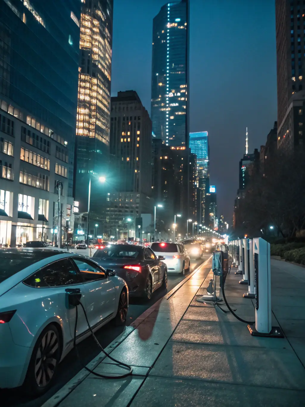 A futuristic cityscape with electric vehicles seamlessly charging on roads embedded with Ze Charge's technology, showcasing a vision of sustainable urban mobility.